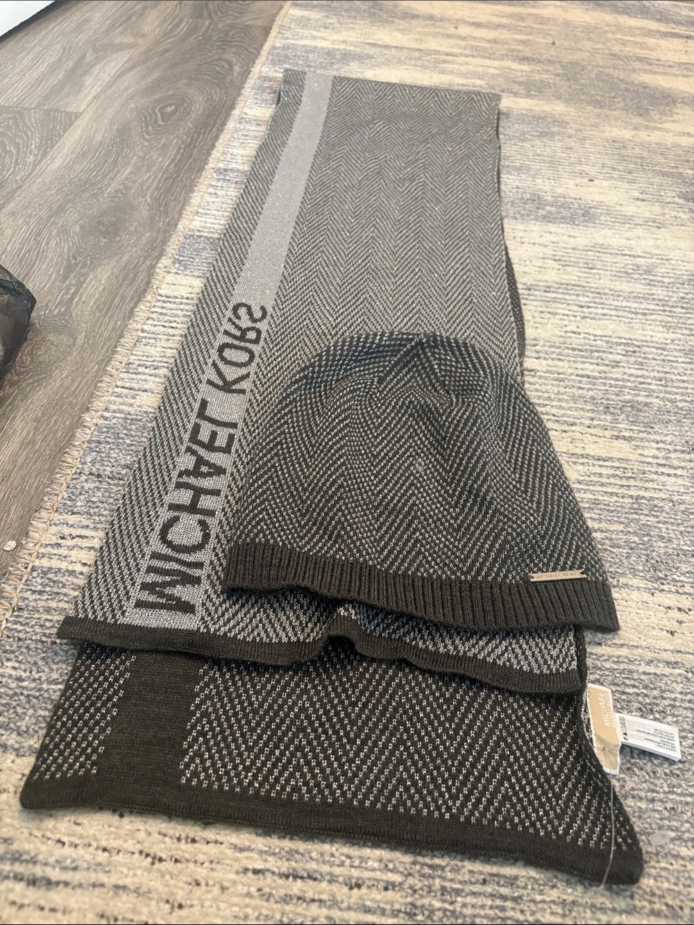 Michael Kors Charcoal and Light Gray Knit Scarf & Beanie Set